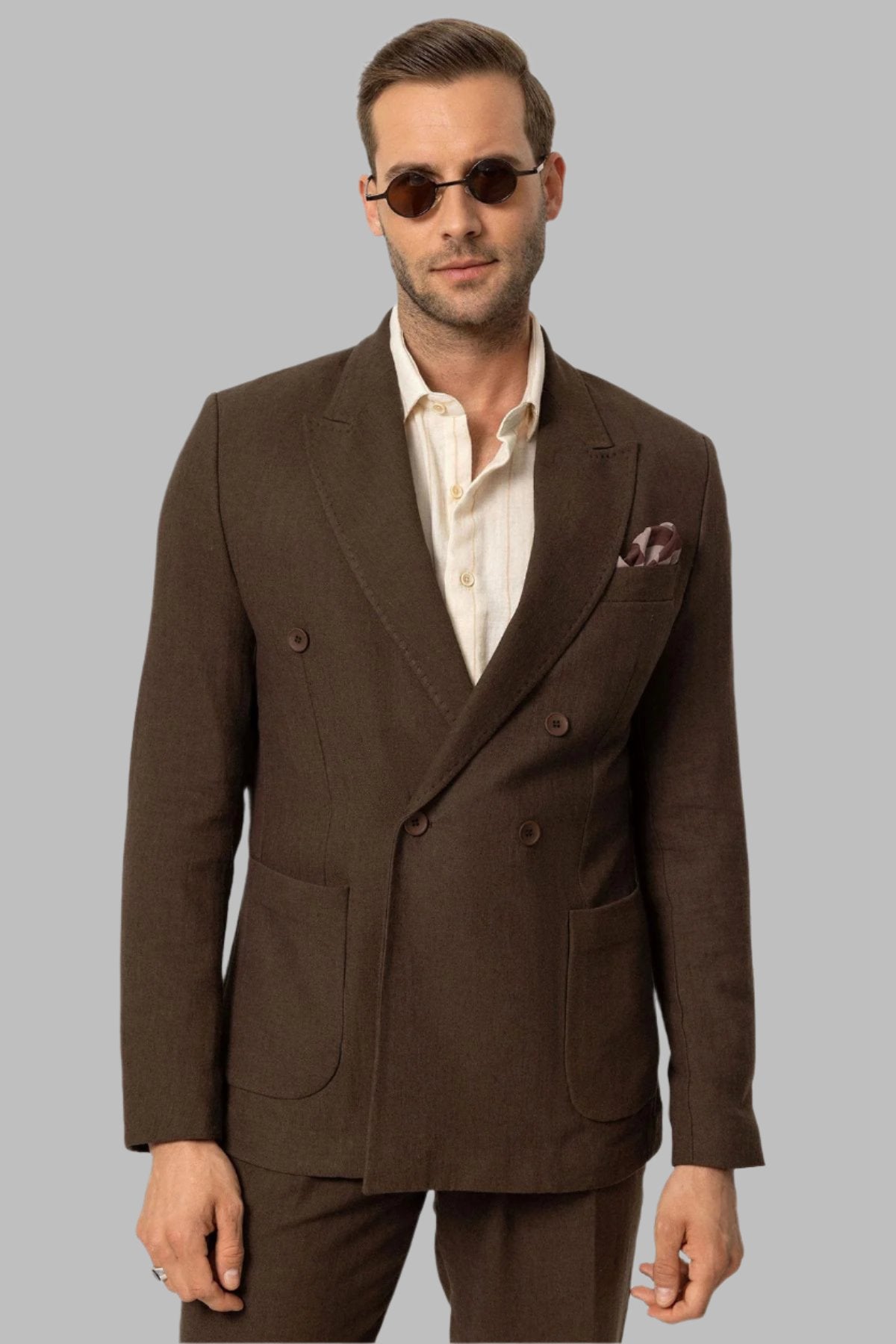 Men's Brown Double-Breasted Linen Blend Jacket - Wessi Wessi - Discover Diversity Men's Brown Double-Breasted Linen Blend Jacket - Wessi Wessi - Discover Diversity