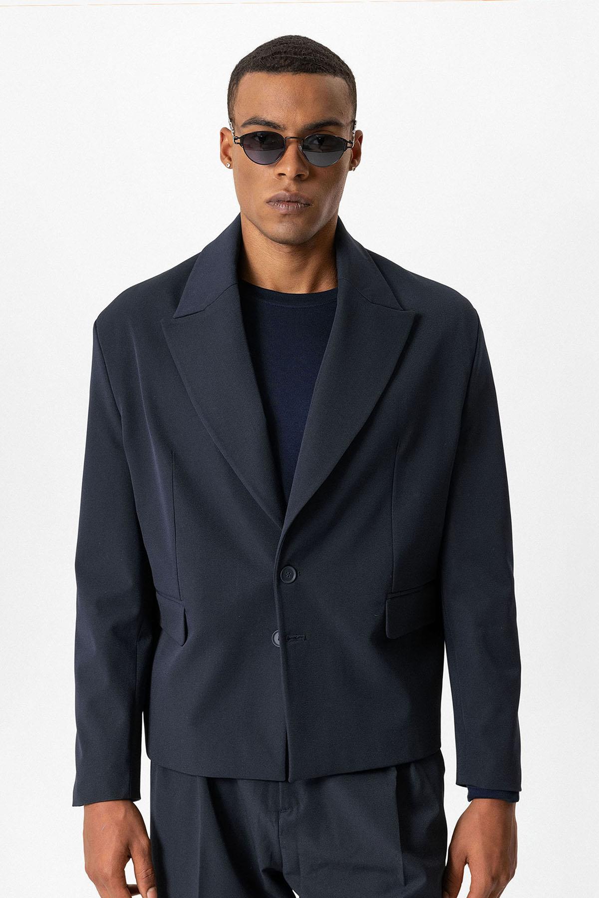Suit Blue Cropped Coat Navy Crop Fit Men's Blazer Jacket Wessi