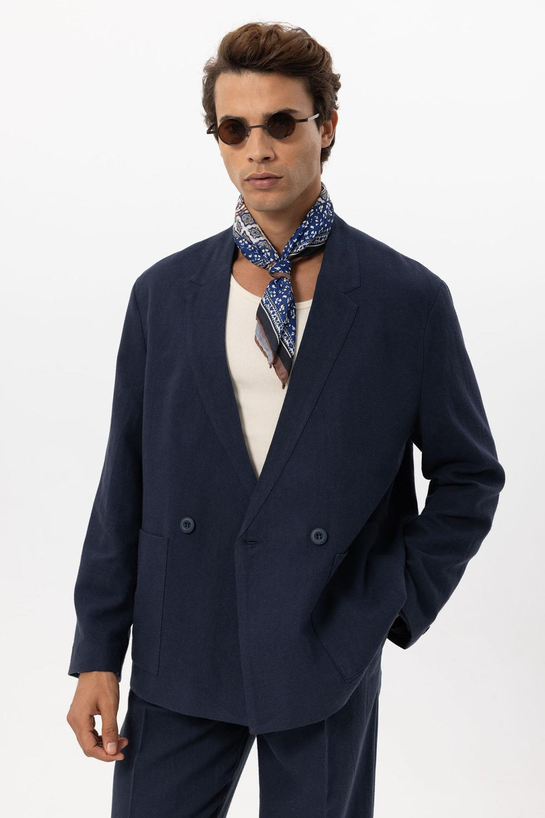 Giacca doppiopetto in misto lino blu navy da uomo - Wessi