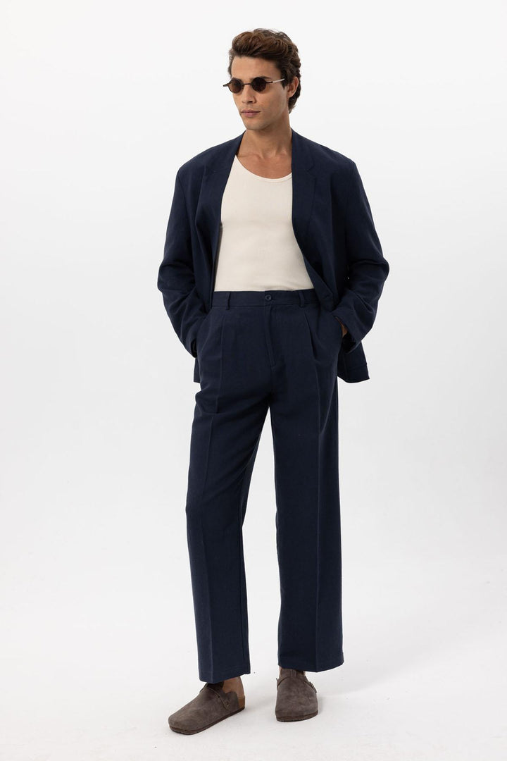 Giacca doppiopetto in misto lino blu navy da uomo - Wessi