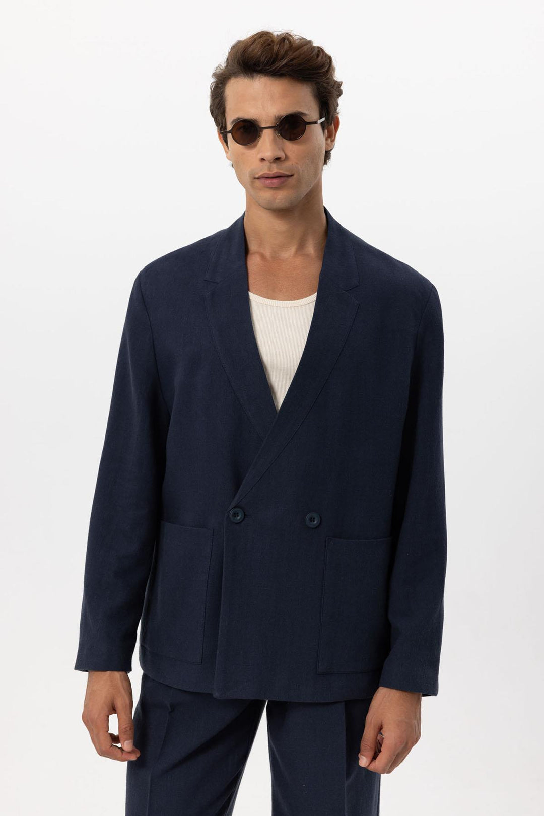 Giacca doppiopetto in misto lino blu navy da uomo - Wessi