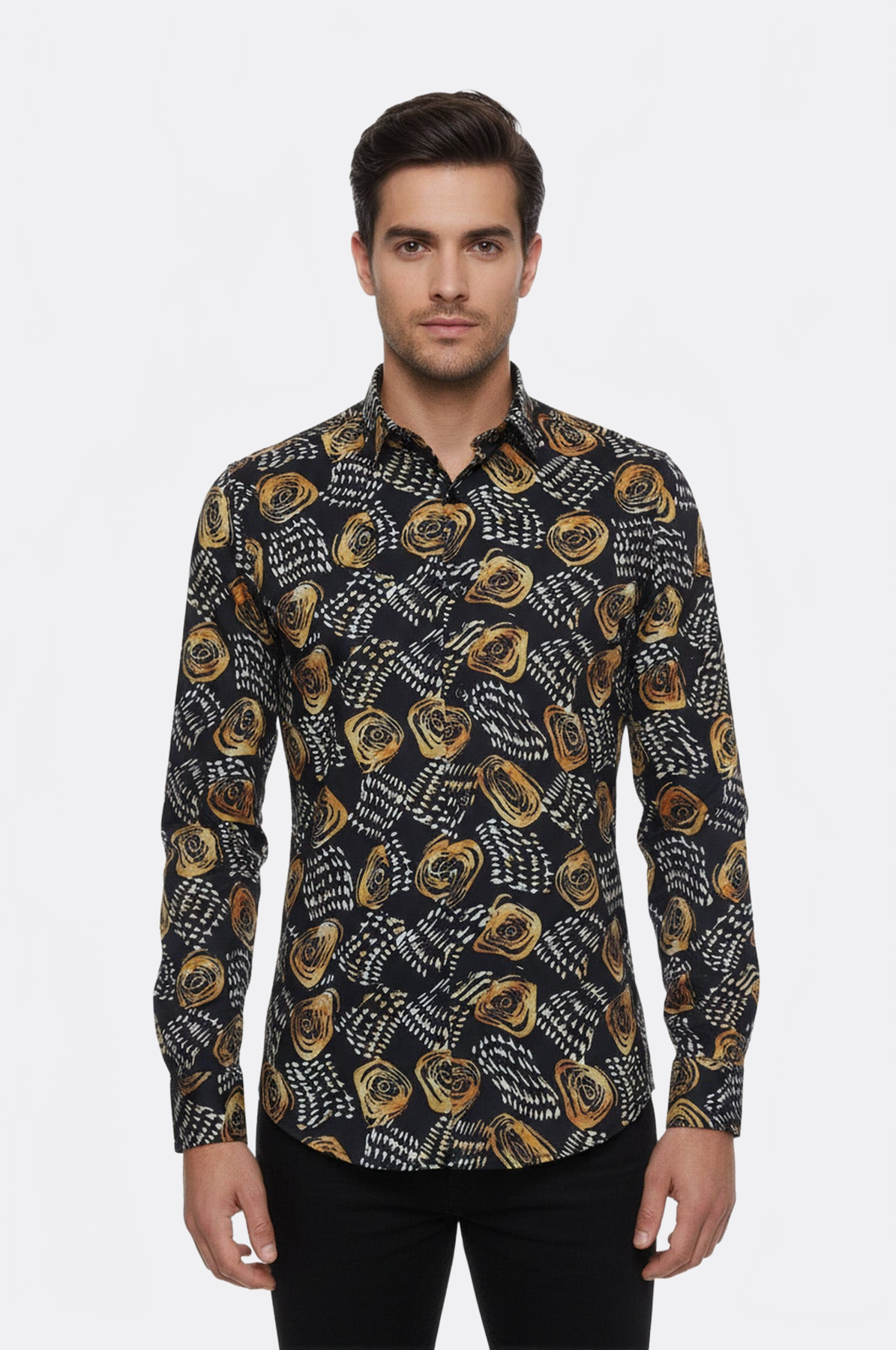 Floral Patterned Long Sleeves Slim Fit Black Men Shirt - Wessi – Wessi