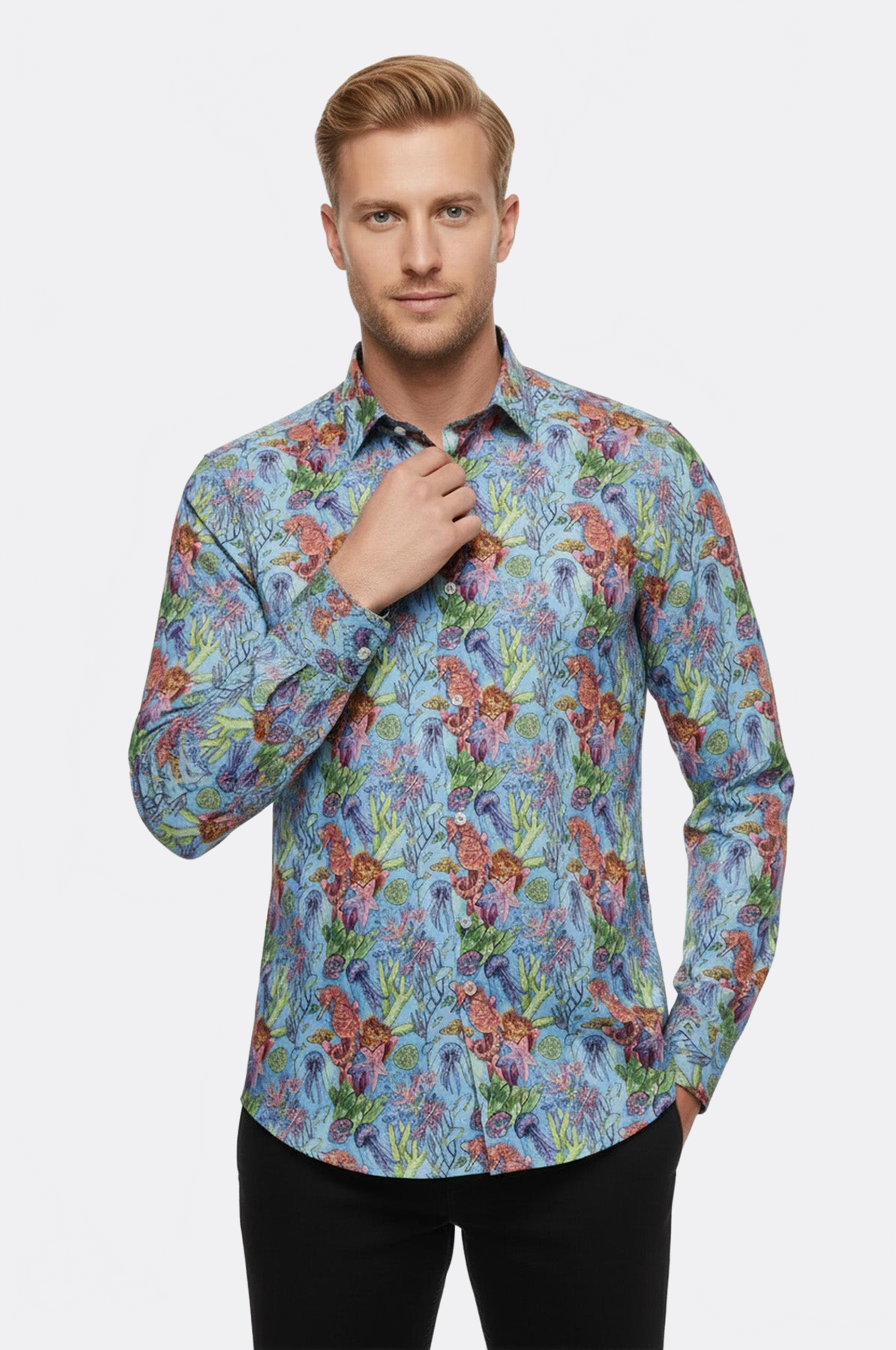Red Floral Patterned Slim-Fit Long Sleeves Navy Blue Shirt - Wessi – Wessi 
