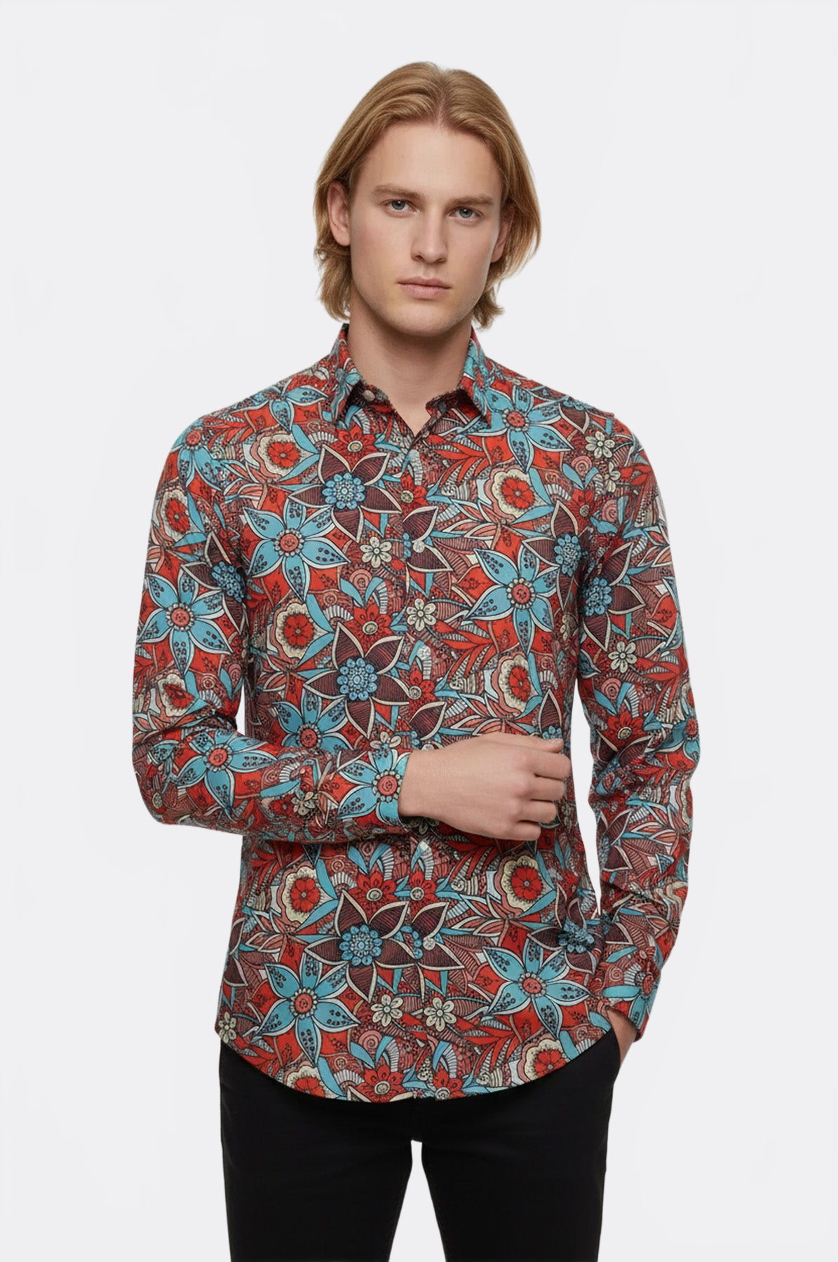 Blue Floral Slim-Fit Long Sleeve Red Men Shirt - Wessi – Wessi