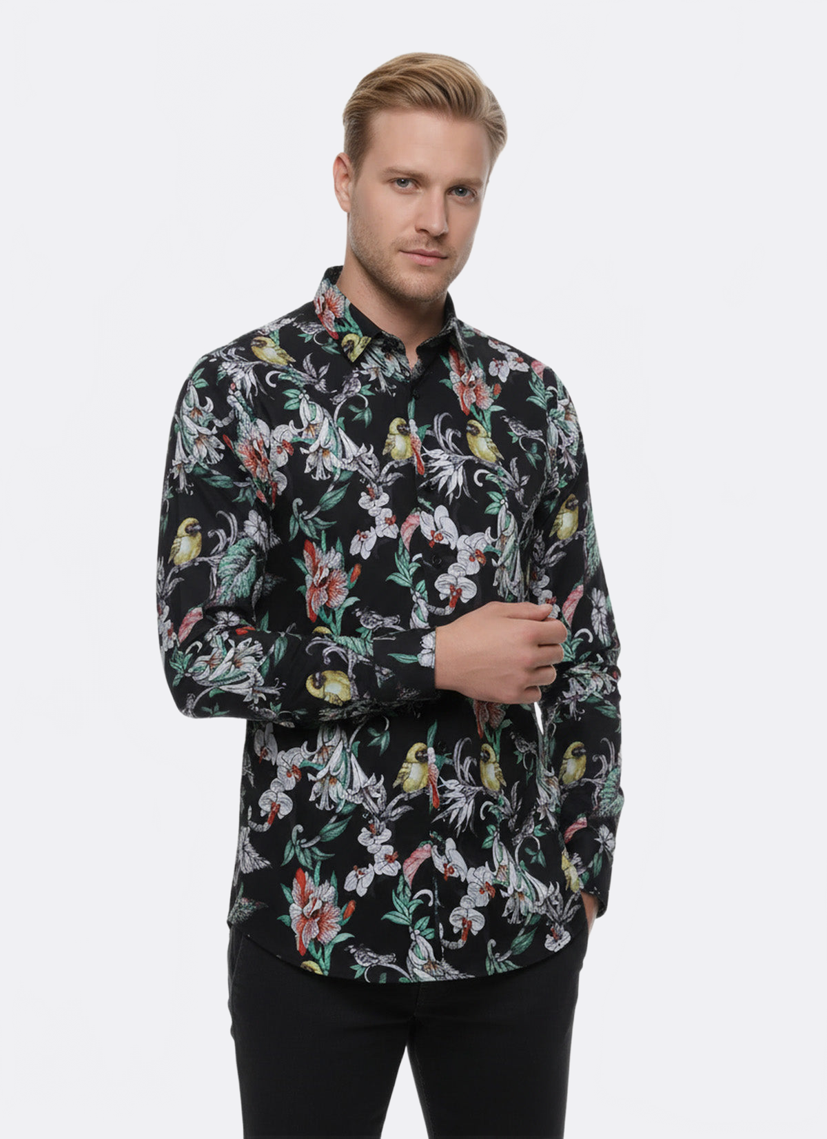 Floral Patterned Slim Fit Long Sleeves Black Men Shirt Floral Patterned Slim Fit Long Sleeves Black Men Shirt