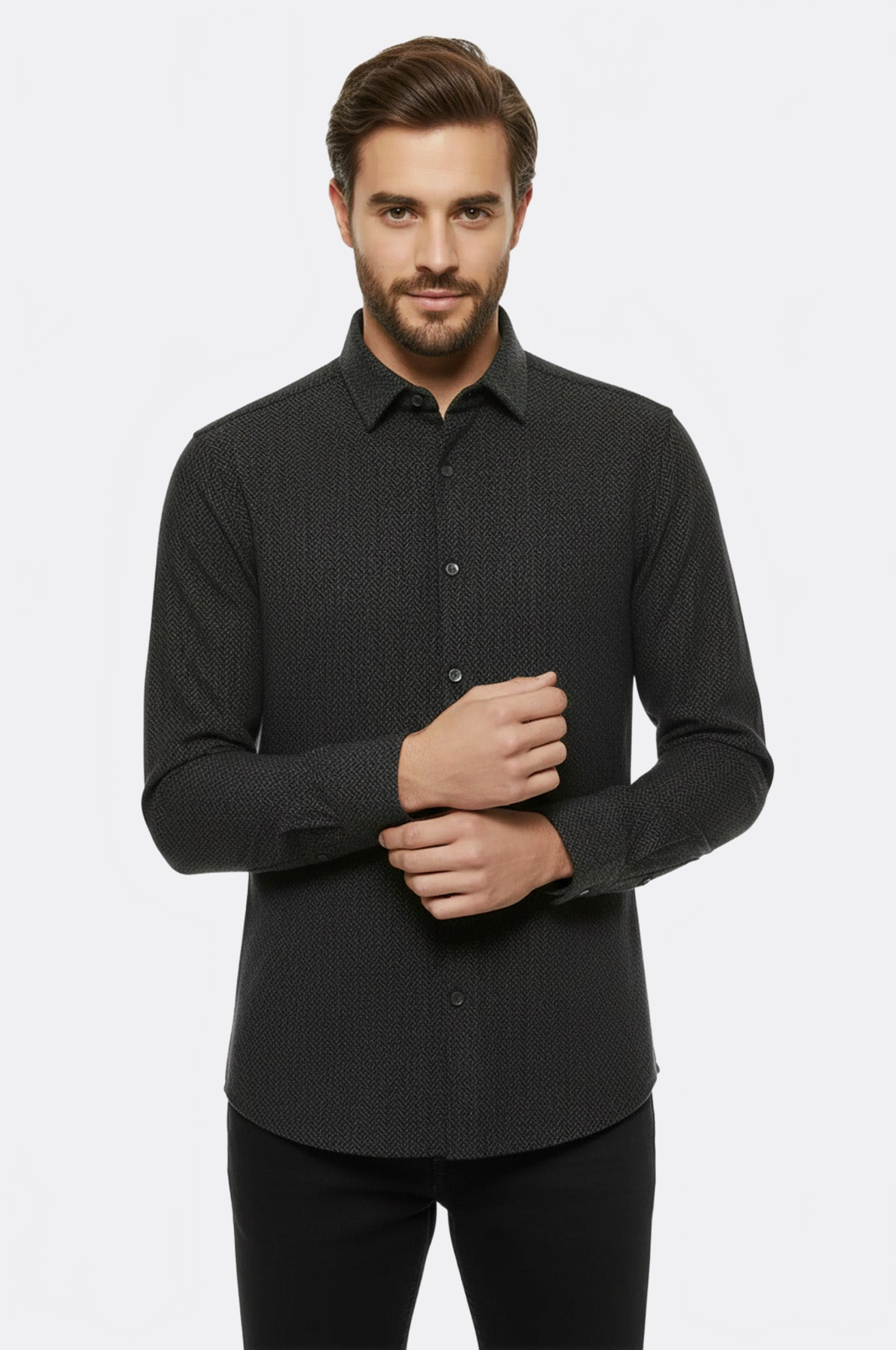 Herringbone Pattern Thick Dark Green Men Lumberjack Shirt M / Green