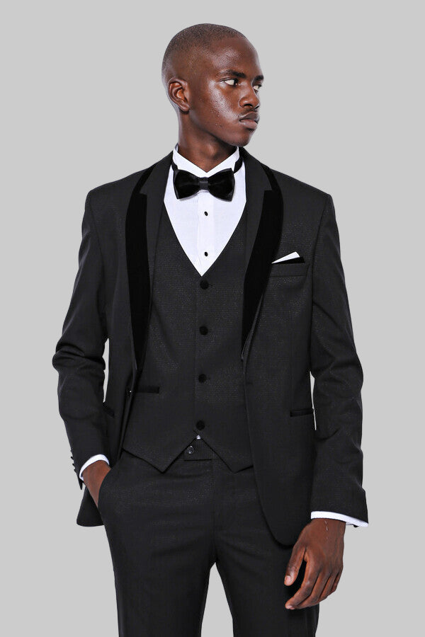 Patterned Velvet Lapel Black Men Tuxedo - Wessi