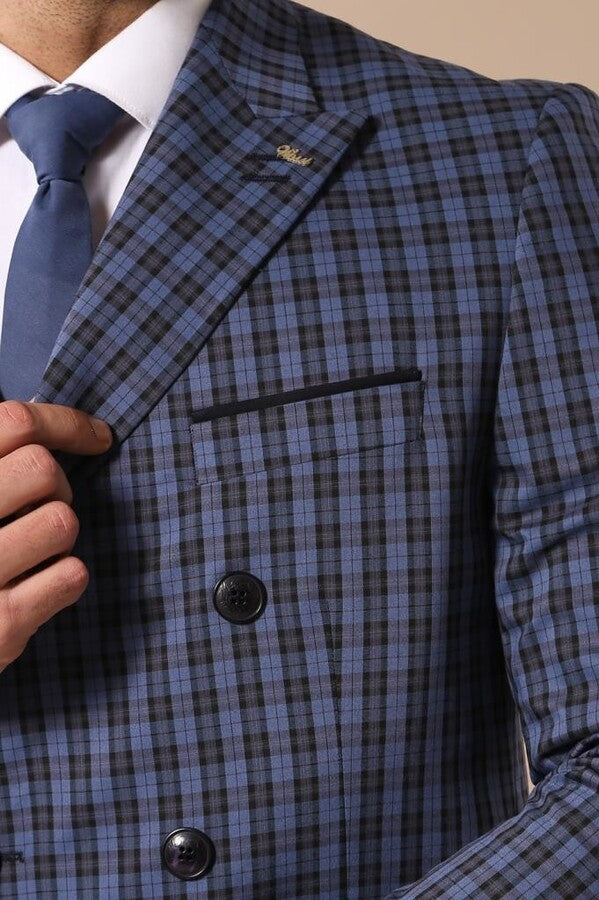 Traje cruzado de hombre azul marino a cuadros | wess