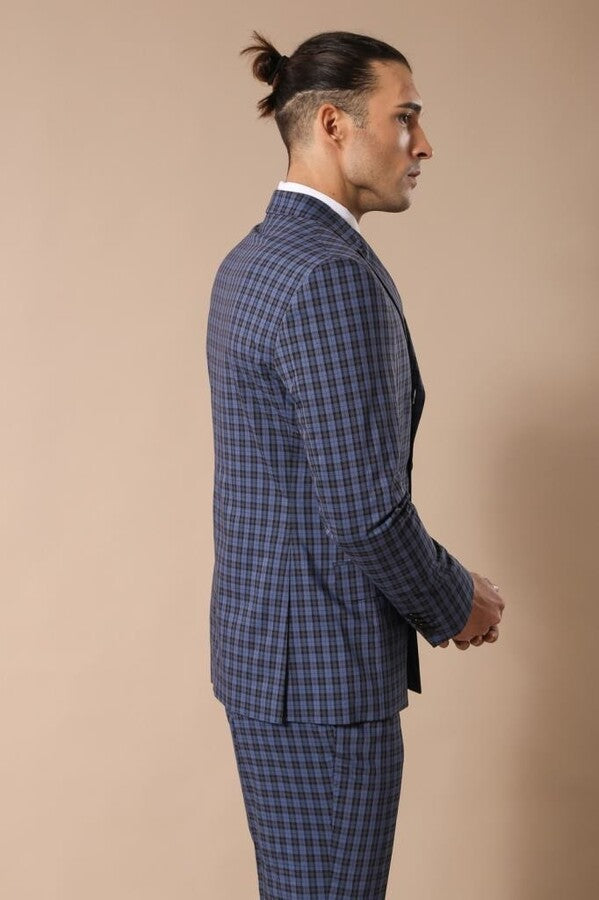 Traje cruzado de hombre azul marino a cuadros | wess