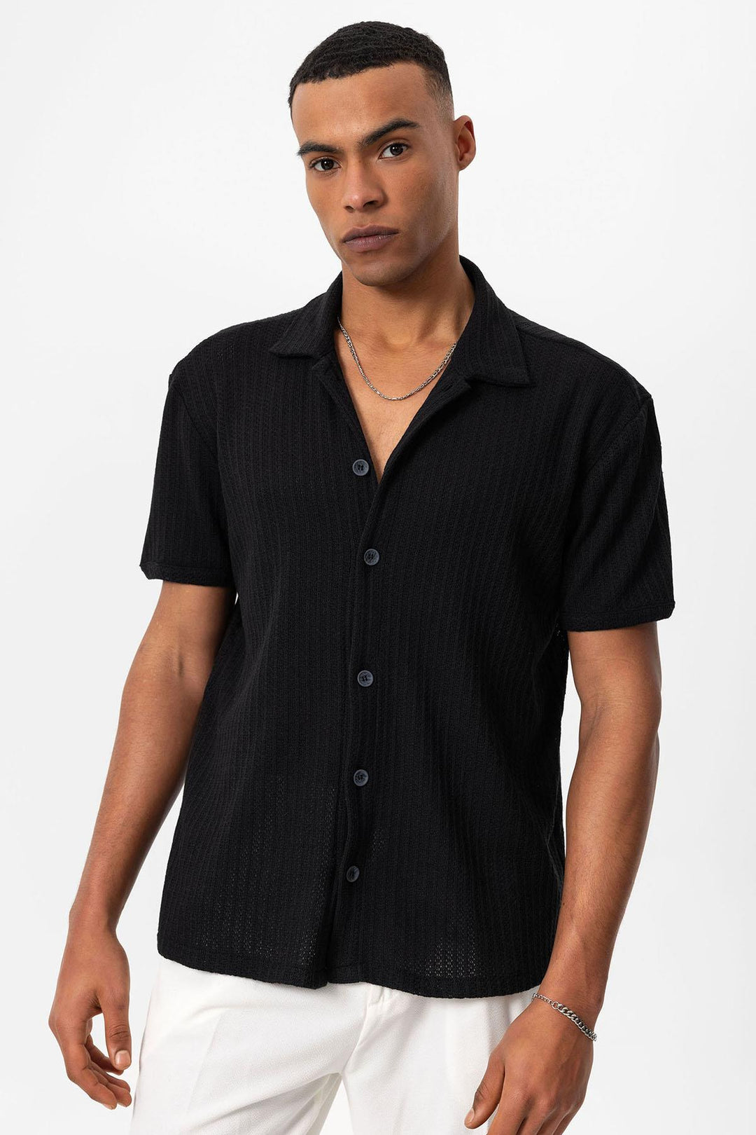 Men's Black Polo Collar Knit Short-Sleeve Shirt - Wessi