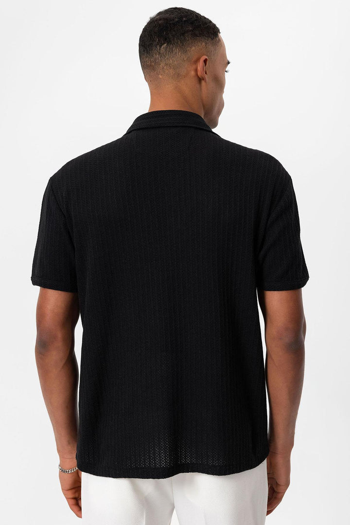 Men's Black Polo Collar Knit Short-Sleeve Shirt - Wessi