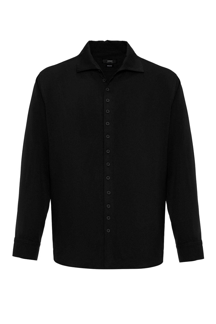Men's Black Regular Fit Camp Collar Shirt - Wessi