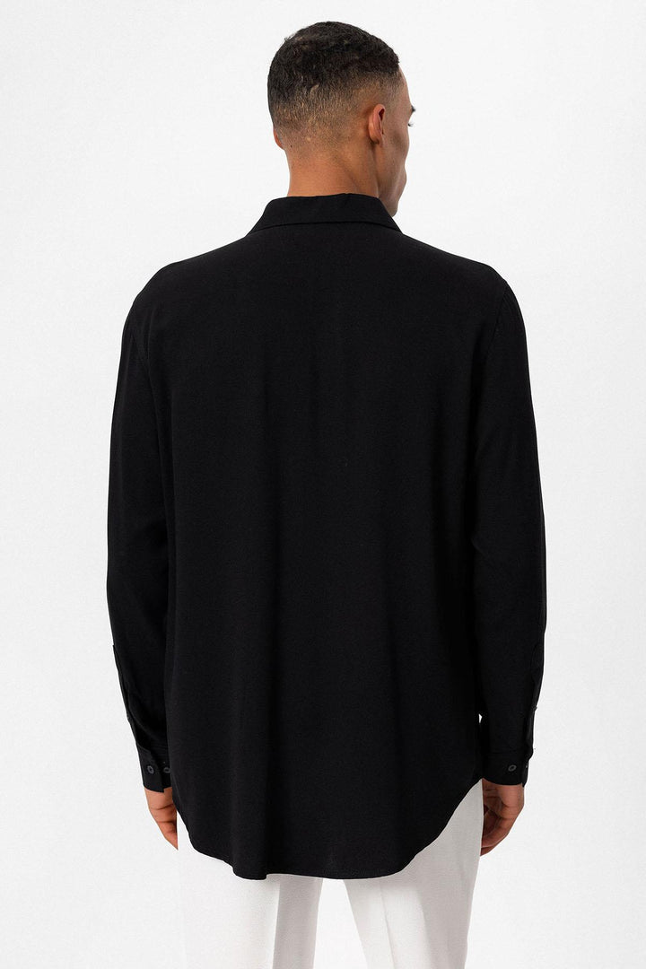 Men's Black Regular Fit Camp Collar Shirt - Wessi