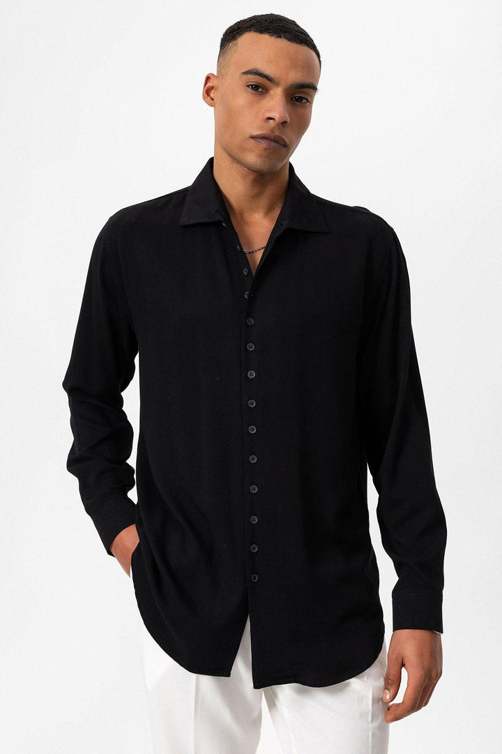 Men's Black Regular Fit Camp Collar Shirt - Wessi