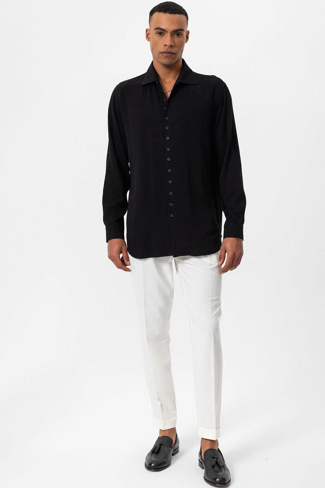 Men's Black Regular Fit Camp Collar Shirt - Wessi