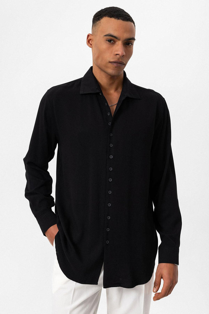 Men's Black Regular Fit Camp Collar Shirt - Wessi