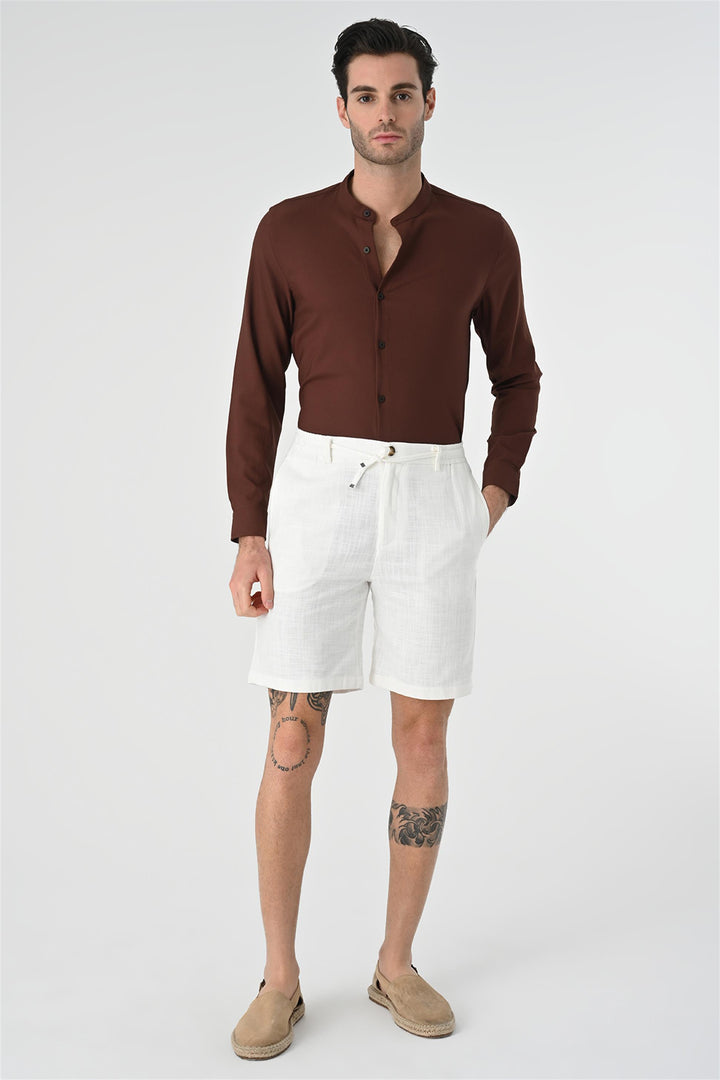 قميص رجالي بني بقصة عادية بياقة ماندرين - Wessi