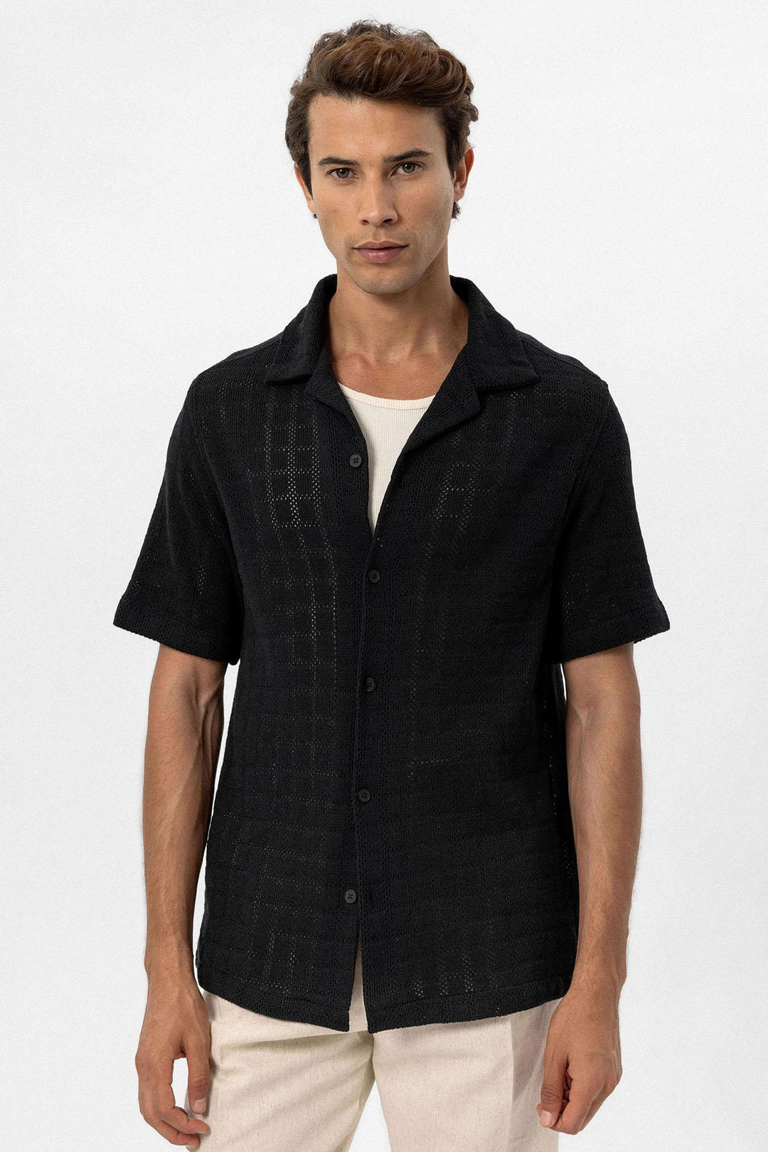 Men's Black Camp Collar Woven Shirt - Wessi