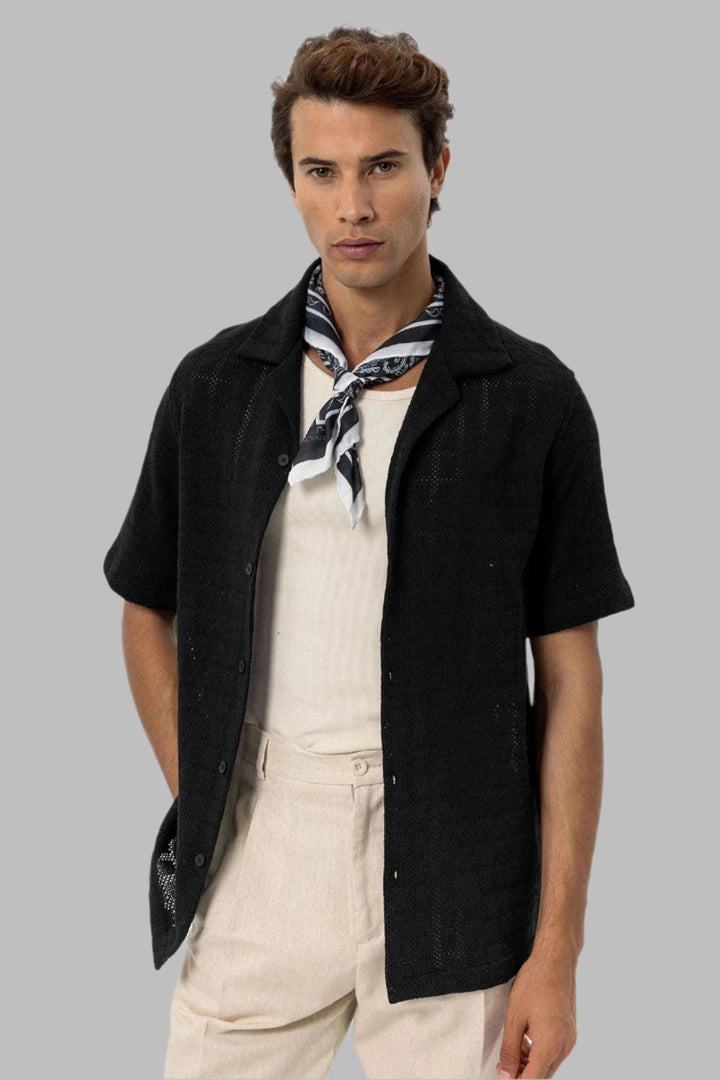 Men's Black Camp Collar Woven Shirt - Wessi
