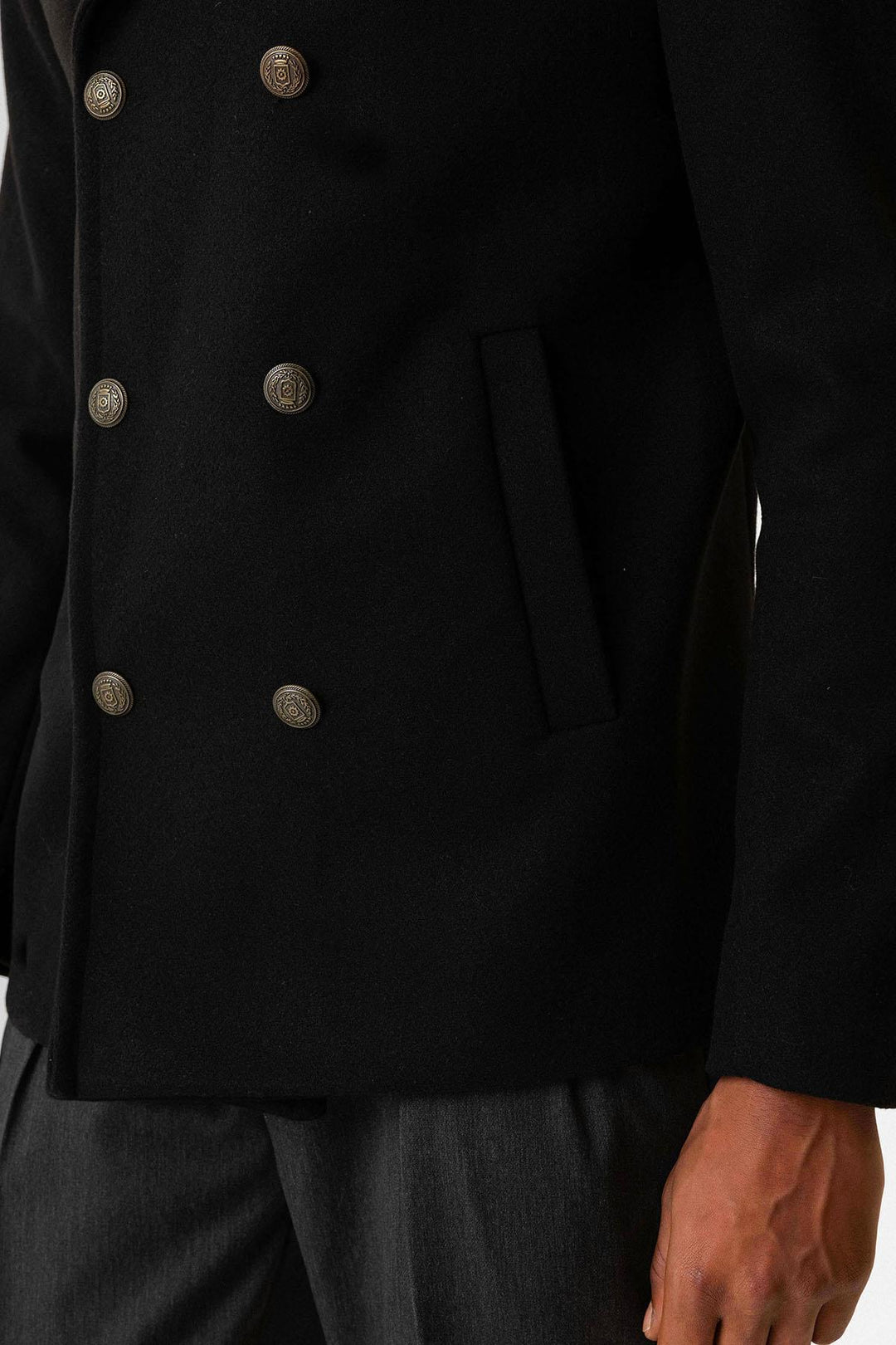 Black pour homme à double boutonnage avec col en fourrure noire - Wessi