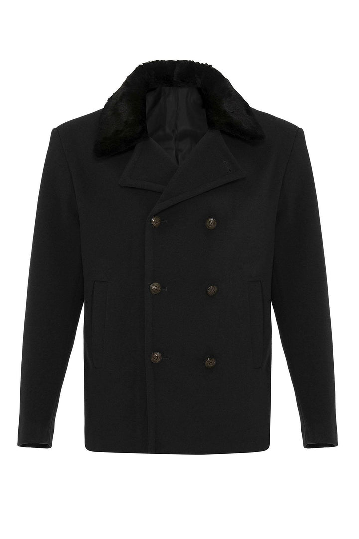 Black pour homme à double boutonnage avec col en fourrure noire - Wessi