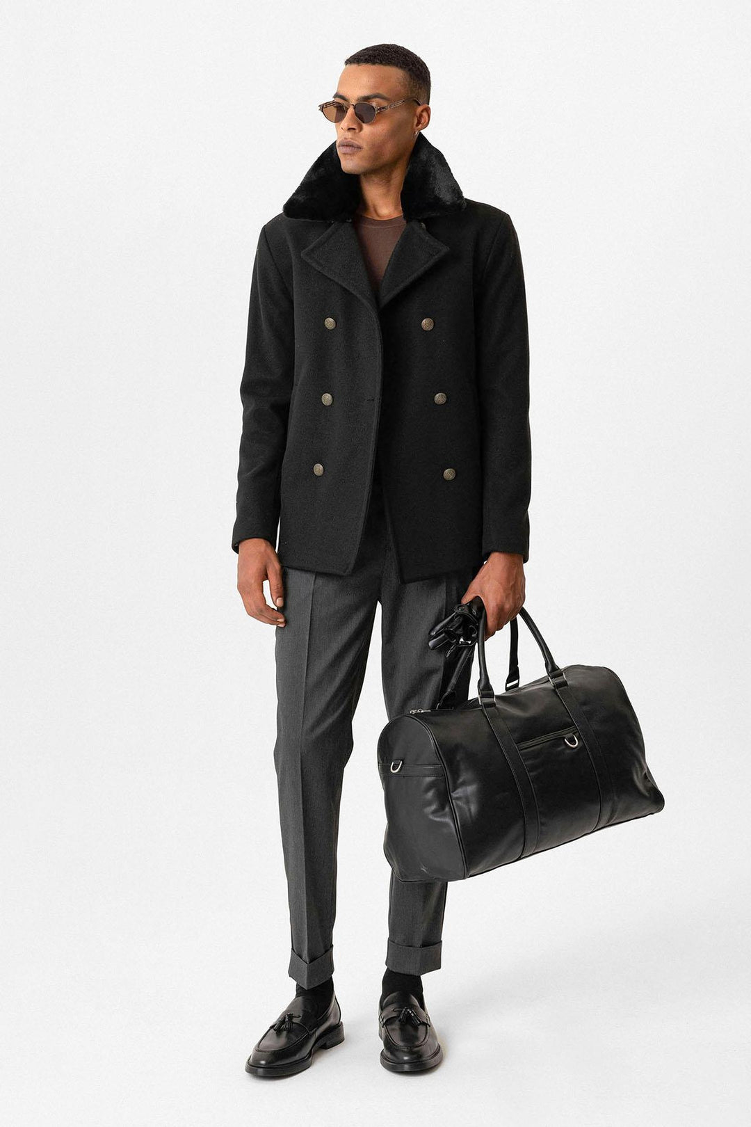 Black pour homme à double boutonnage avec col en fourrure noire - Wessi