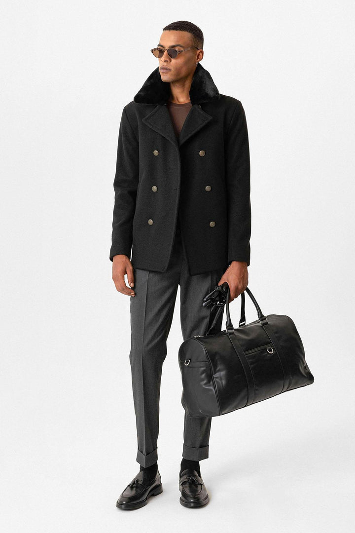 Black pour homme à double boutonnage avec col en fourrure noire - Wessi