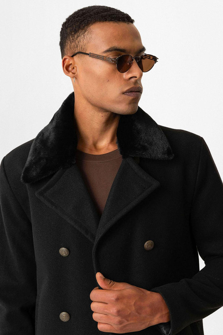 Black pour homme à double boutonnage avec col en fourrure noire - Wessi