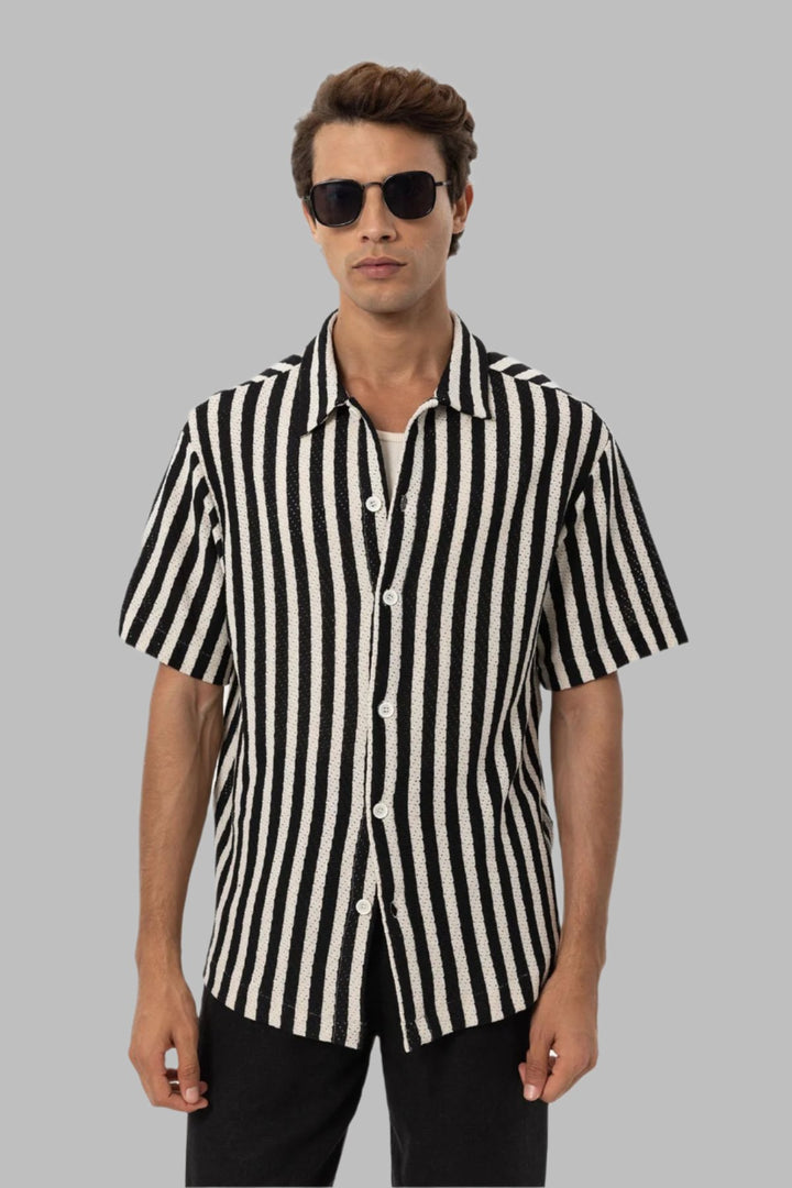 Men's Black Oversized Knit Striped Shirt - Wessi