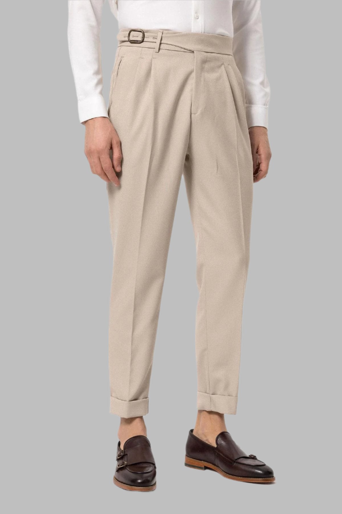 Cream High-Waisted Pleated Men's Trousers with Buckle Detail - Wessi Wessi - Discover Diversity Cream High-Waisted Pleated Men's Trousers with Buckle Detail - Wessi Wessi - Discover Diversity