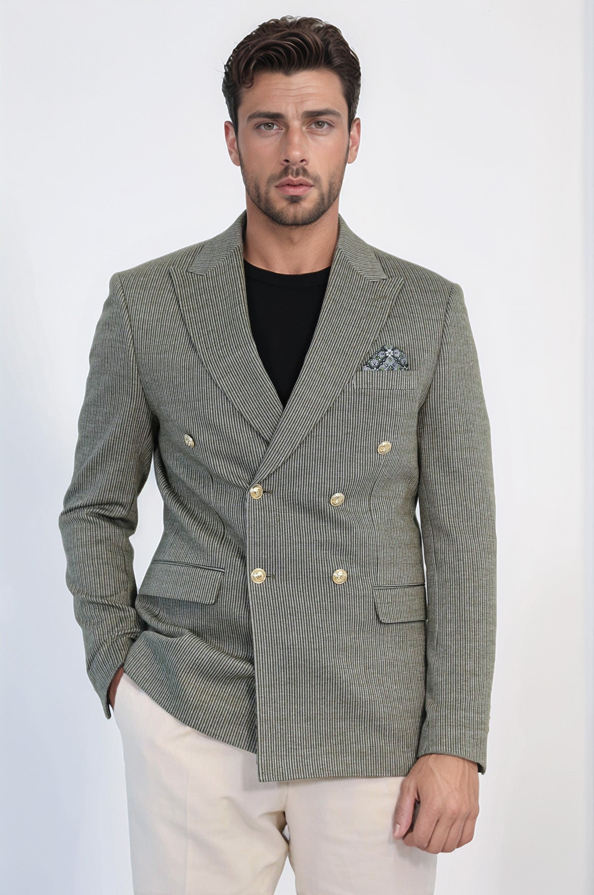 Olive Green Pinstriped Slim Fit Double-Breasted Blazer with Gold