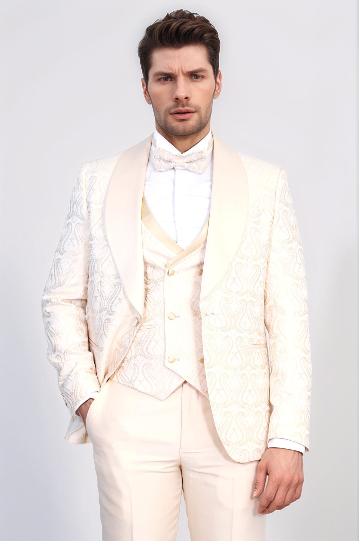 Wavy Patterned Shawl Collar Vested Cream Tuxedo | Wessi – Wessi