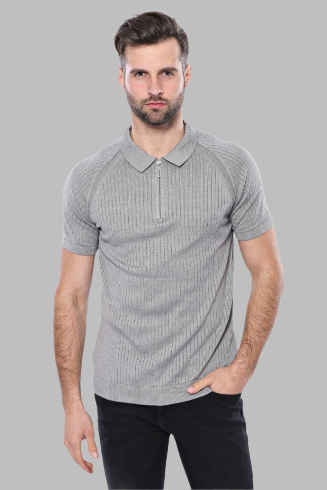 Camiseta Polo De Punto Gris Estampada Con Cremallera - Wessi