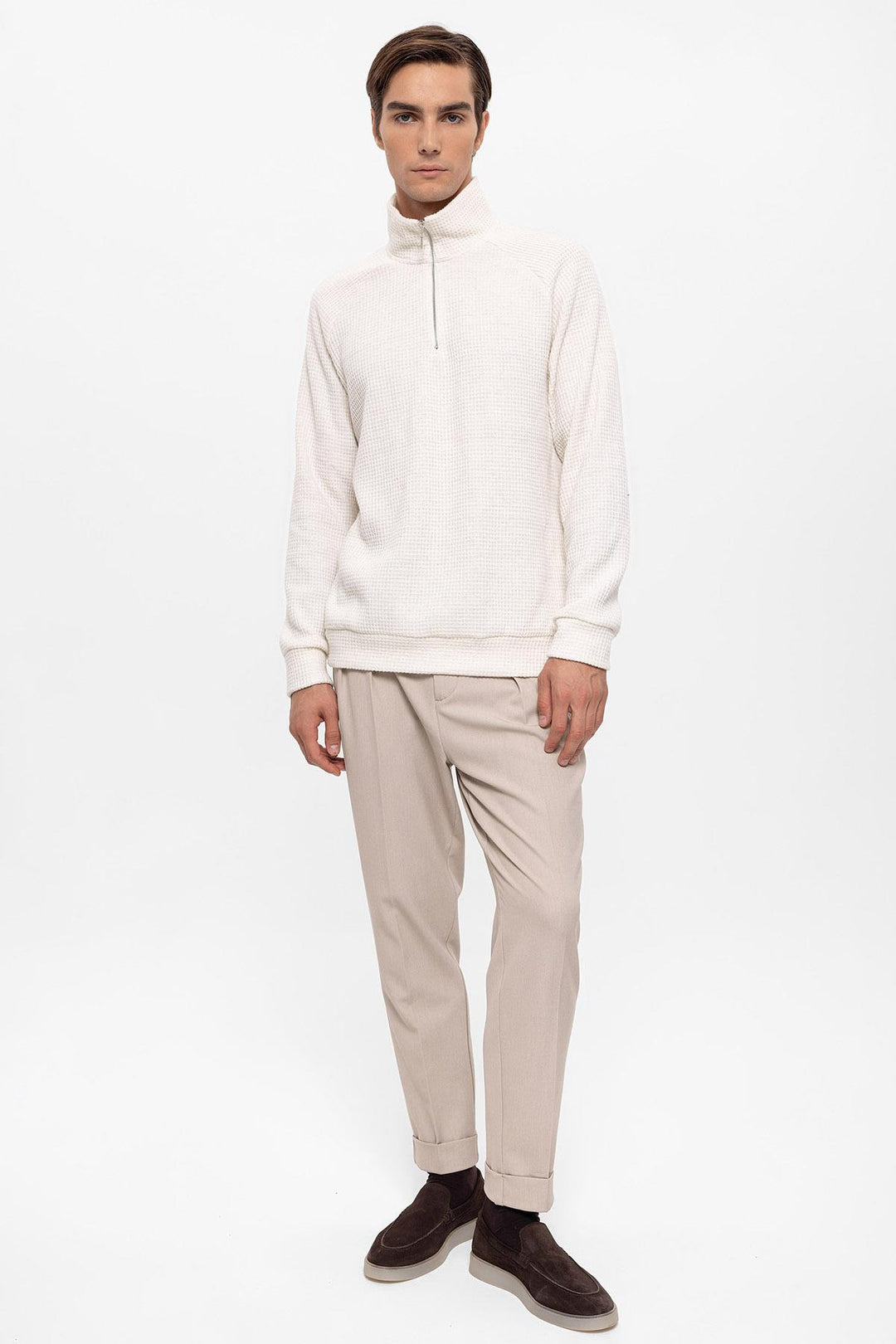 Maglione a collo alto con mezza cerniera ecru da uomo - Wessi