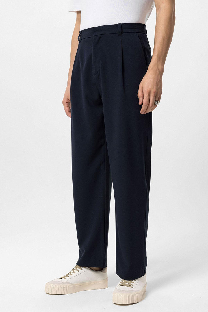 Men's Navy Blue High-Waisted Baggy  Pants - Wessi