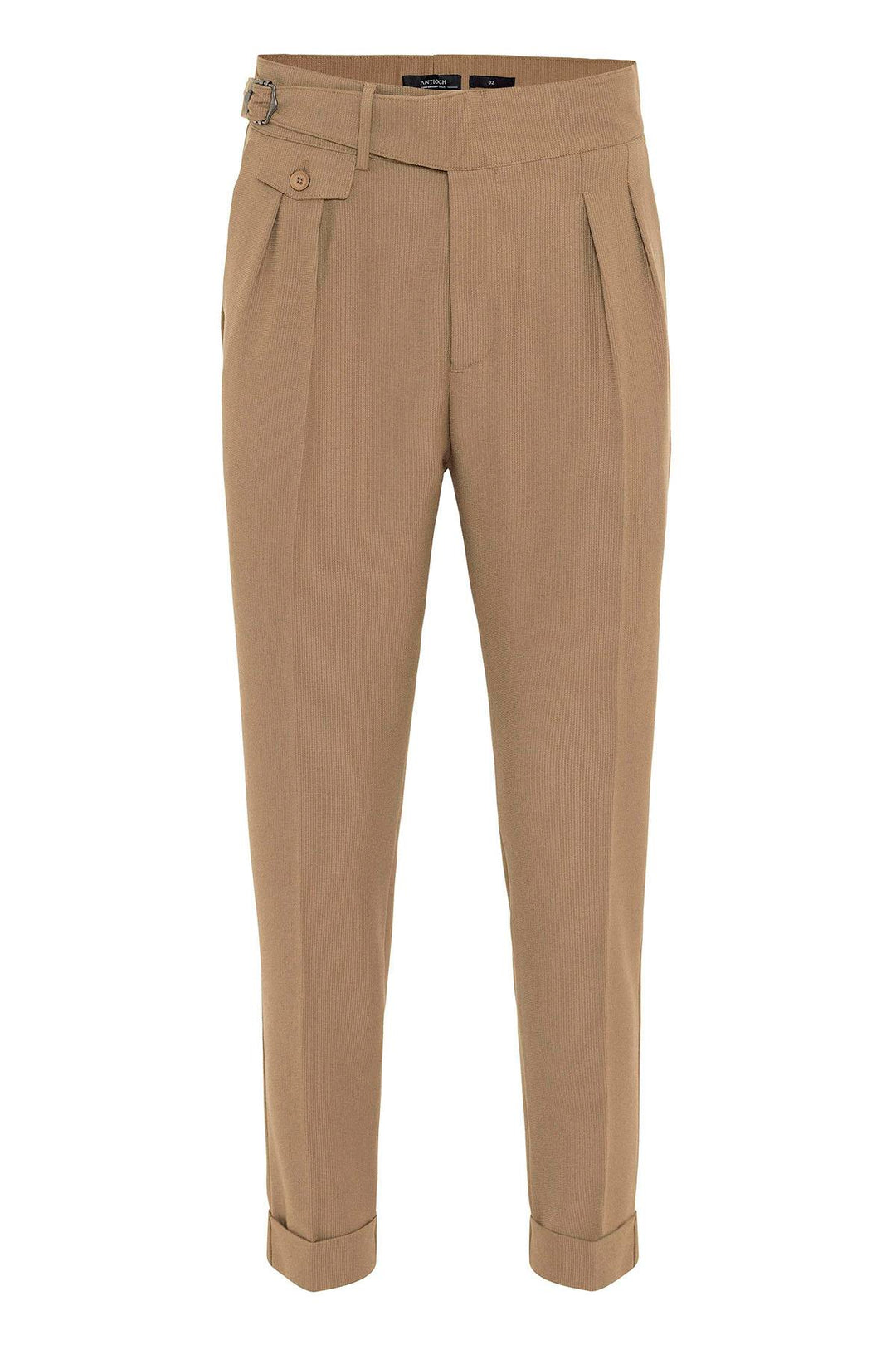 Pantalon Homme Camel Taille Haute (Boyfriend) en Tissu Plissé avec Ceinture à Boucle - Wessi
