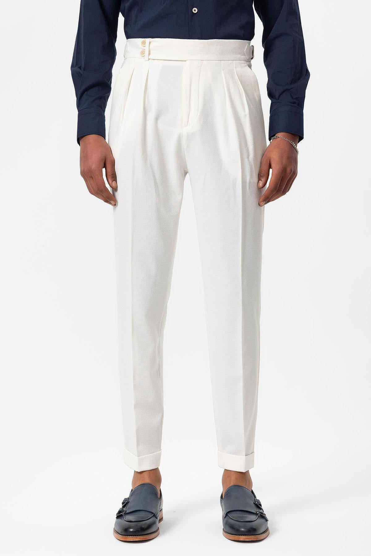 Men's White High-Waist Pleated Textured Pants - Wessi