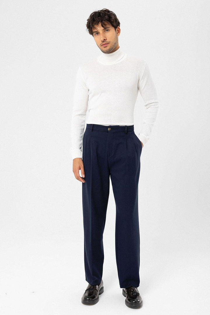 Men's Dark Navy Blue High-Waisted Relaxed Fit Pleated  Pants - Wessi