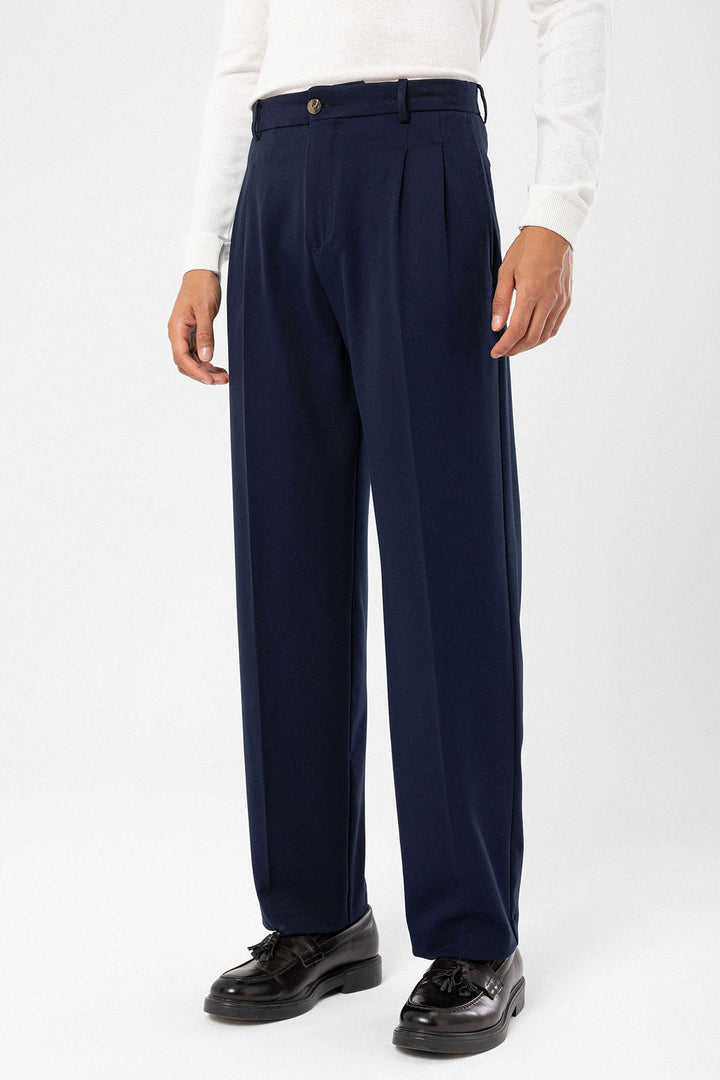 Men's Dark Navy Blue High-Waisted Relaxed Fit Pleated  Pants - Wessi