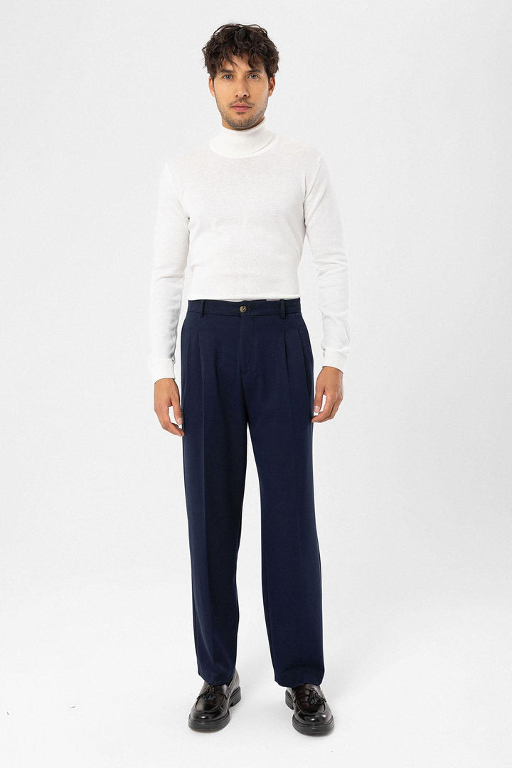 Men's Dark Navy Blue High-Waisted Relaxed Fit Pleated  Pants - Wessi