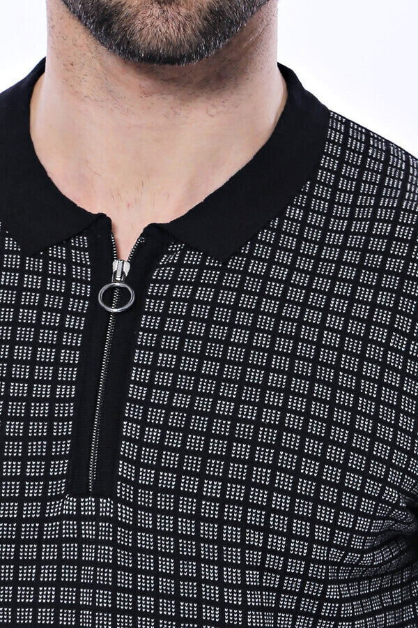 T-shirt polo lavorata a maglia con cerniera scozzese nera | Wess