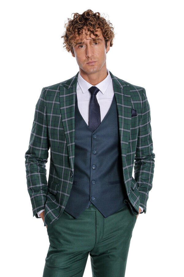 Blue Vested Slim Fit Checked Green Men Suit - Wessi
