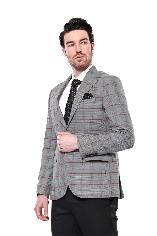 Men's 1 Button Light Gray Slim Fit  With Black Shawl Lapel
