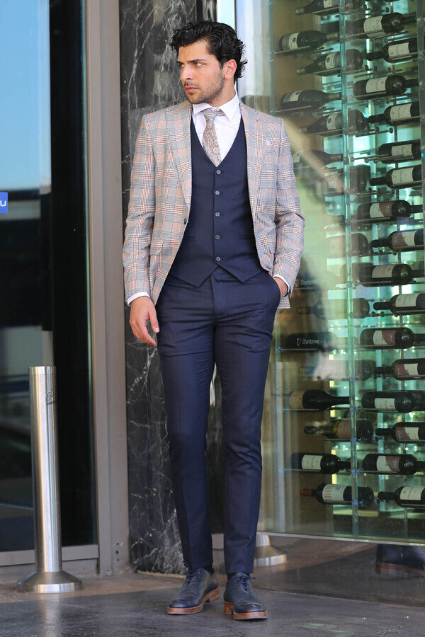 بدلة رجالية بنية اللون بقصّة Slim Fit منقوشة - Wessi