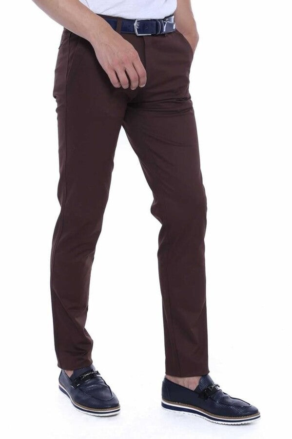 Pantaloni da uomo marroni in tessuto lavato slim fit in cotone - Wessi