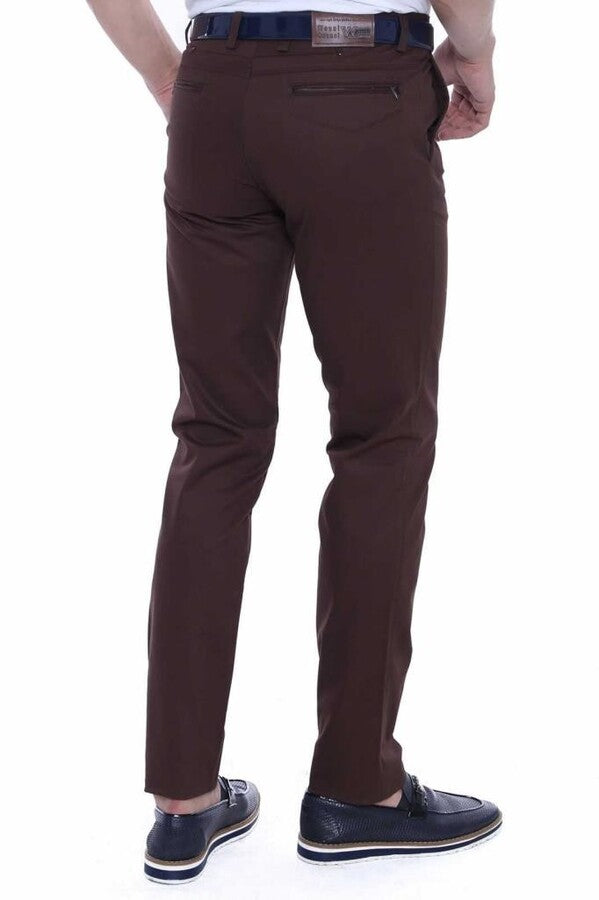Pantaloni da uomo marroni in tessuto lavato slim fit in cotone - Wessi