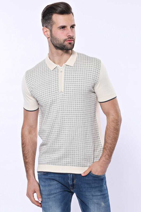 Camiseta tipo polo de punto color crema con cremallera y cuadros | wess