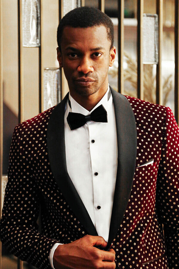 WSS Hypnose Pattern Peak Lapel Slim Fit Burgundy Men Prom Blazer  - Villach main image 0