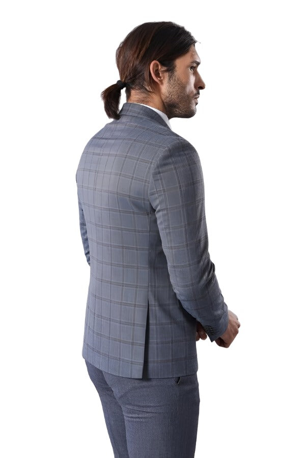Grey Checked Men's Slim Fit Blazer - Wessi