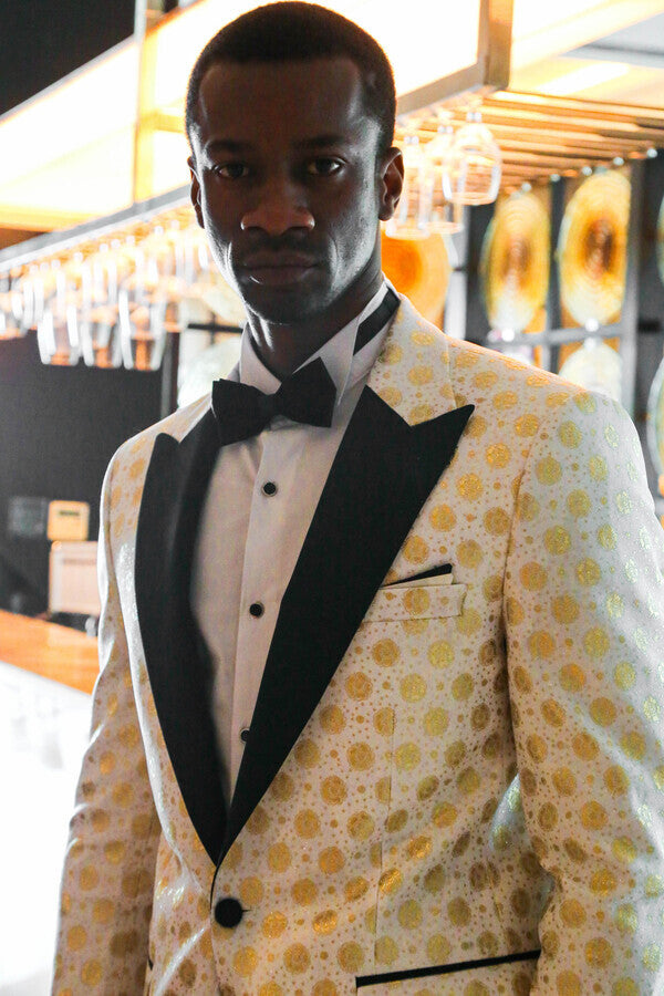 White tuxedo jacket clearance with gold lapel